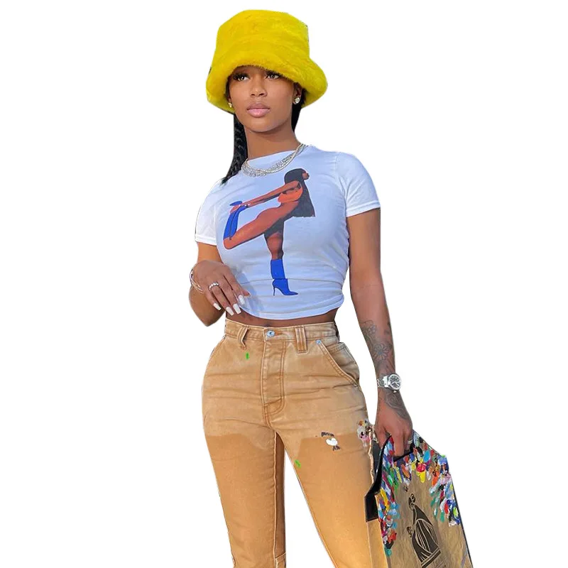 High Quality Printed Character image Round Neck Short Sleeve cropped Navel Casual Summer T-shirt  crop top for women