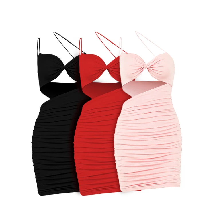 S-2XL Backless Midi Dresses Gown Women Spaghetti Strap Halter Cut Out Drawstring Bodycon