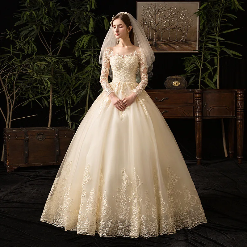 Full Sleeve Classic Champagne Bridal Ball Gown Princess Wedding Bridesmaid Dress