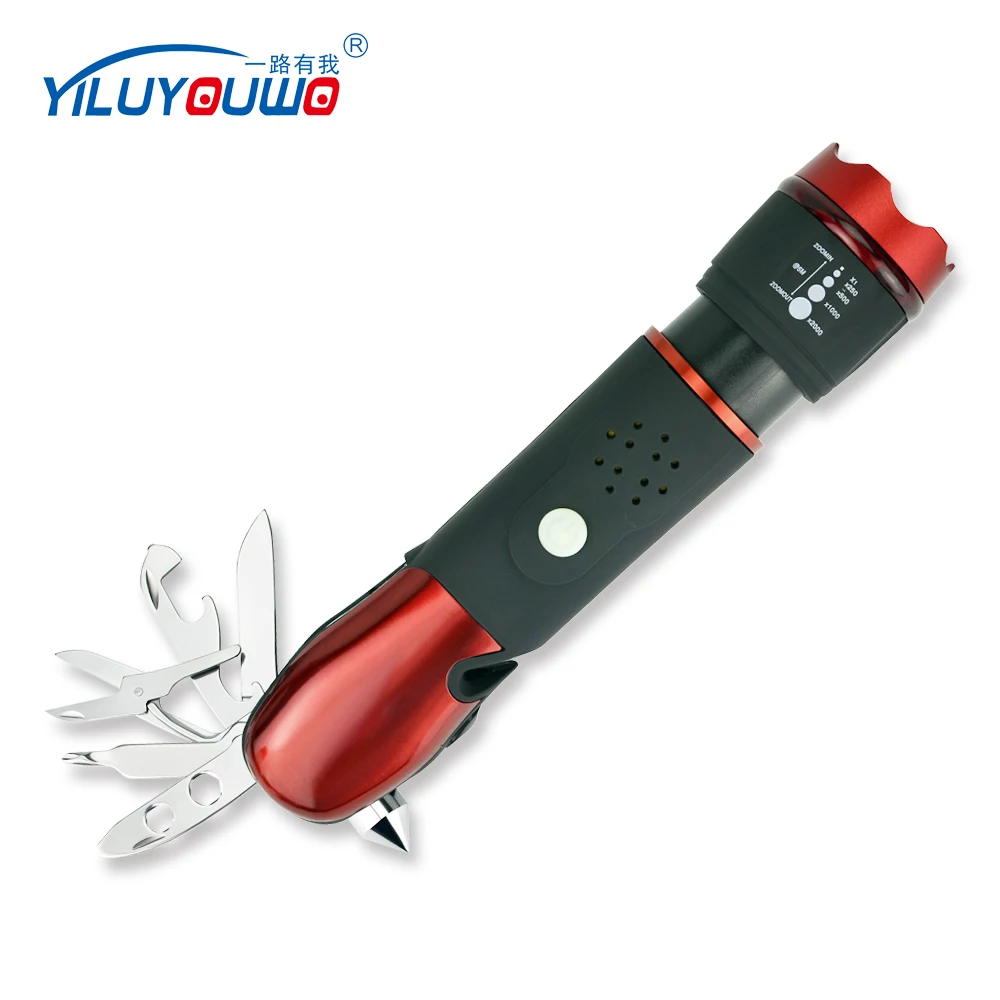 LED Zoom Focus Battery Safety Hammer Seat Belt Cutter Car Emergency Self Defensive Tactical Tool Alarm Flashlight AAA 173g