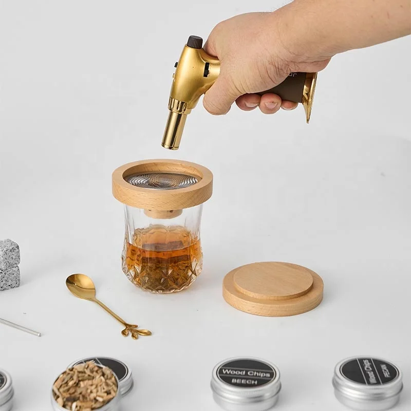 Four Flavor Wood Chips Butane Torch Wooden Cocktail Smoker Kit Whiskey Smoker Set for Father, Husband, Drinking Lover