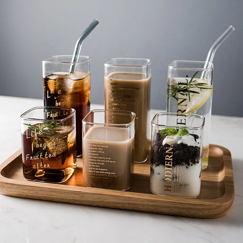 Free Sample custom square glass cup 200ml glass cup set 400ml coffee glasses borosilicate clear glass tea mugs