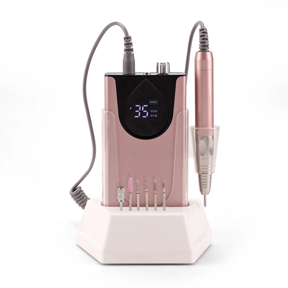 2023 Portable Nail Drill Machine New Arrivals High End Nail Product Brushless Handpiece Design 35000RPM Base Charging