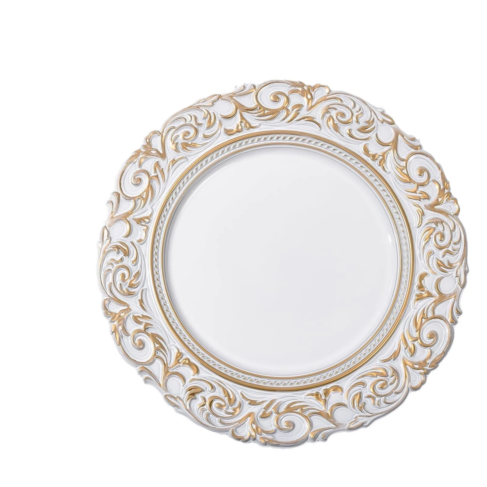 Antique Charger Plates,13 Inch White Round Plastic Embossed Charger Plate for Dinner Party Wedding Elegant Tableware Decoration