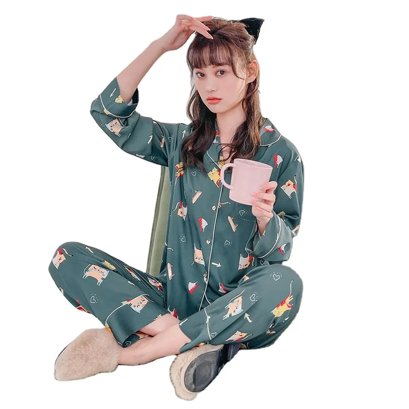 Factory wholesale women satin silk printed sleepwear cartoon pyjamas women
