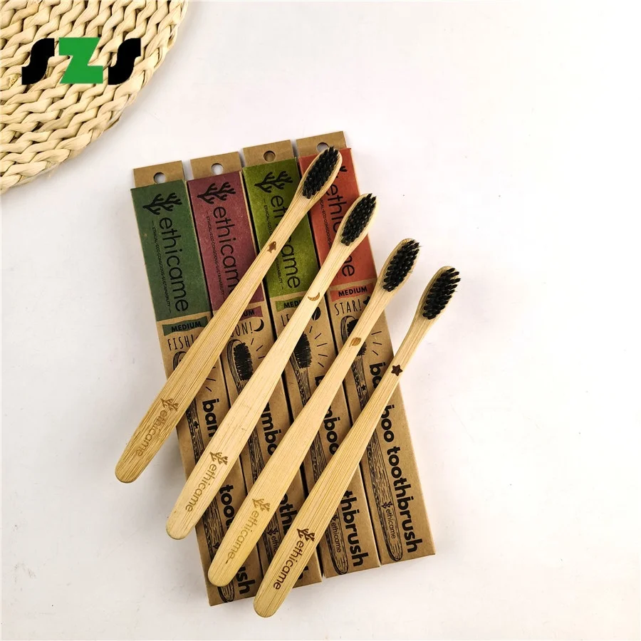 Бесплатный образец, оптовая продажа, биоразлагаемая Экологически чистая Черная мягкая бамбуковая зубная щетка с древесным углем, Бамбуковая зубная щетка для бамбука