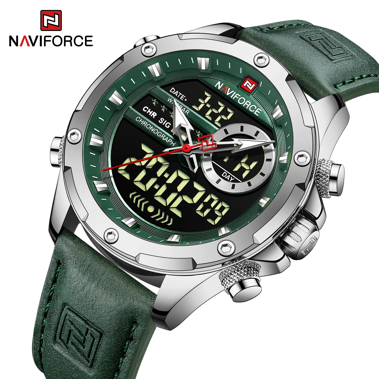 New Arrival NAVIFORCE 9208 Genuine Leather Strap Auto Date Analog LED Digital Quartz Watches For Men