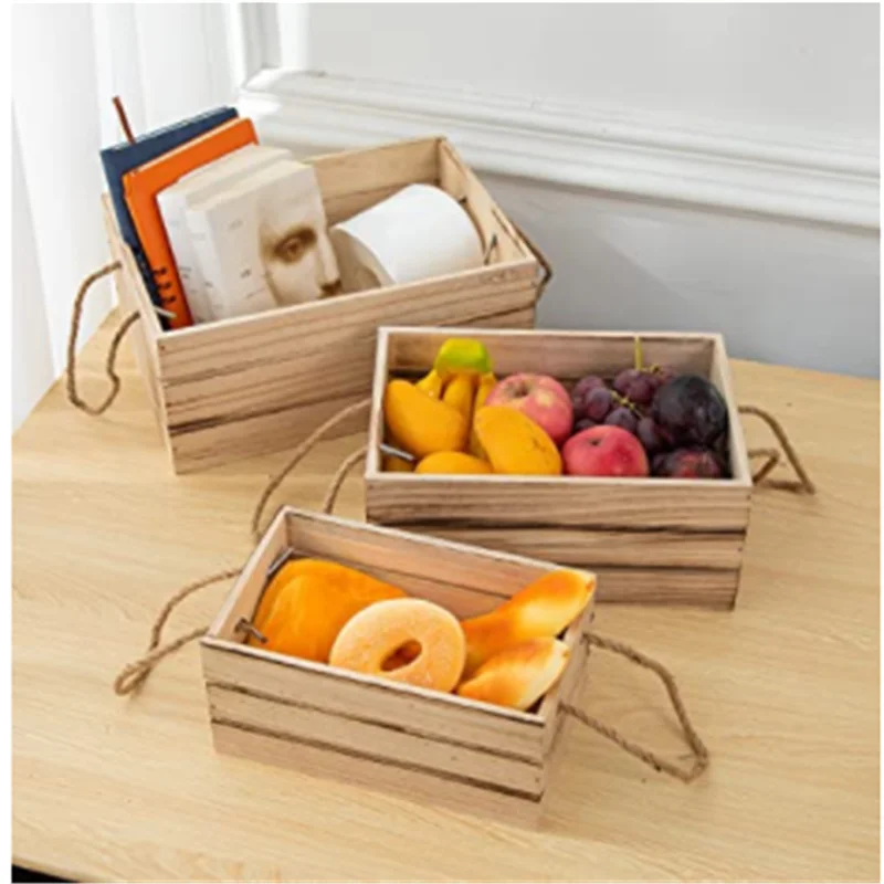 3-Piece Antique Paulownia Wood Carbonized Color For Storage Country Decoration Wooden Nesting Storage Box With Rope Handle