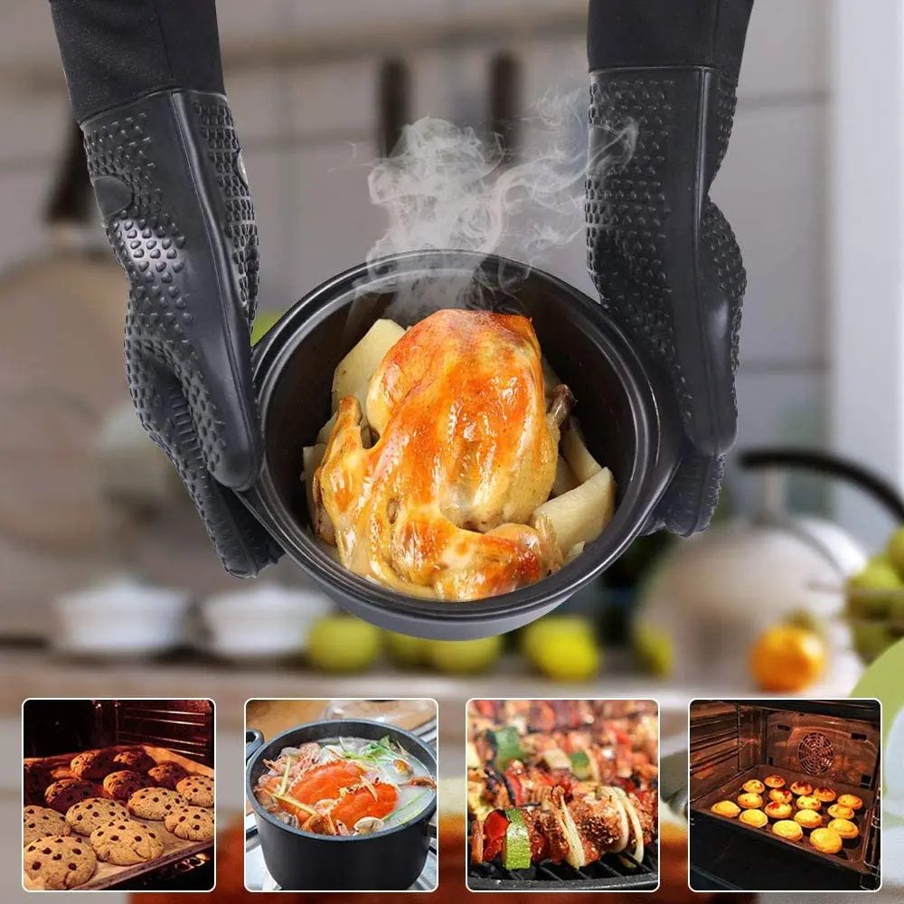 Silicone Oven Mitts, Cotton Lining Heat Resistant Non-Slip Silicone Kitchen Gloves Great for Baking, Cooking, BBQ
