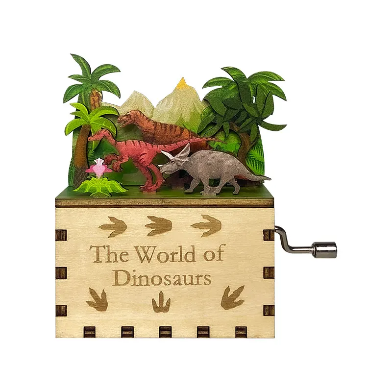 Dinosaur World Hand Crank Music Box 3d Jigsaw Puzzles DIY Toy for Kids Mini Wooden Music Box Creative Gift