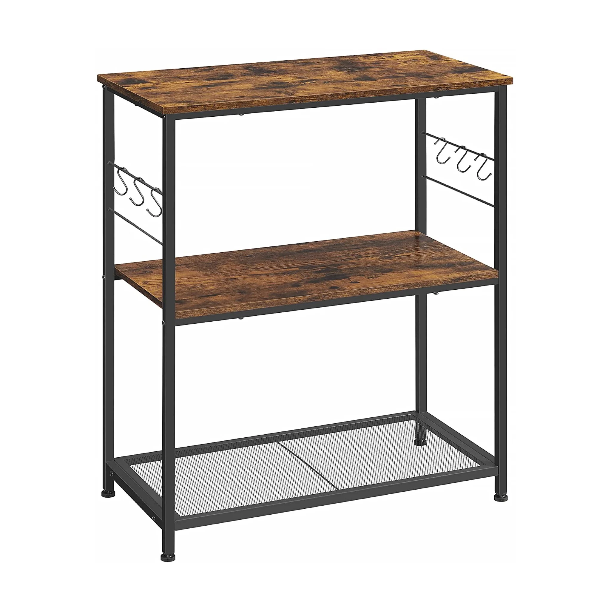 Кухонная полка, кухонные стеллажи, подставка для микроволновой печи с 3 открытыми полками, 6 крючков, металлическая рама, деревенский коричневый и черный