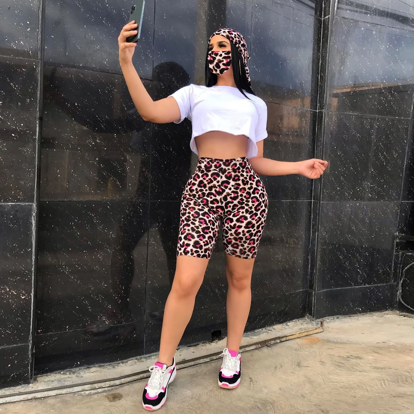 
PZF-S3796 wholesale womens boutique clothing short sleeve t-shirts biker shorts women with face cover 