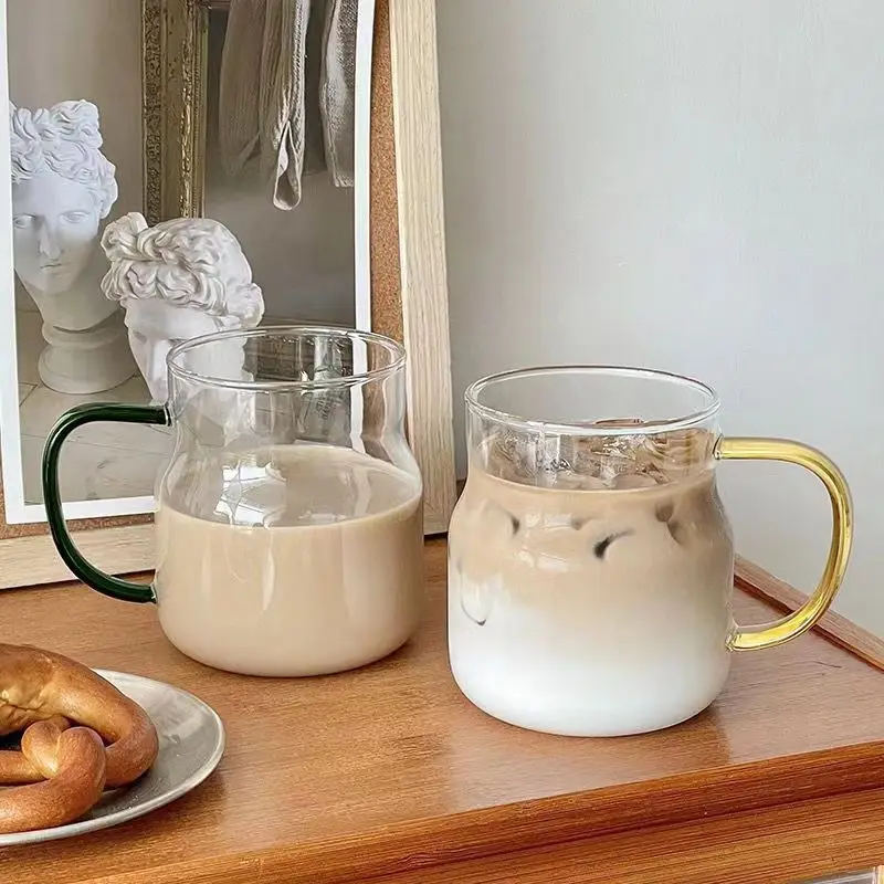 575 ml High borosilicate glass single-layer water cup, large belly cup, milk cup, heat-resistant glass colored handle cup