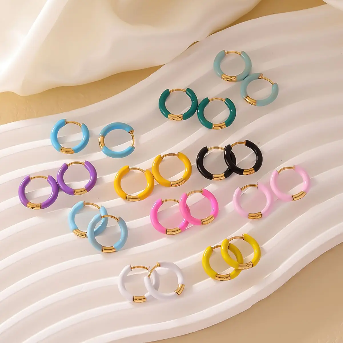 INS Minimalist Colorful Enameled 12mm Hoop Earrings Stainless Steel Multi Colors Oil Dripping Huggie Earrings For Girls