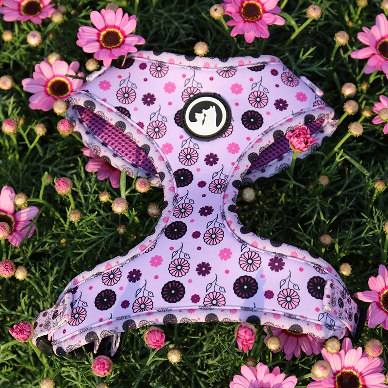 Custom Logo luxury fashion adjustable velvet neoprene printed pet dog leash reversible chest harness