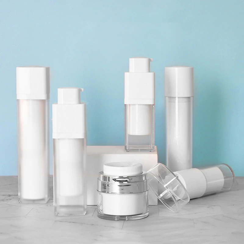 Square round white plastic acrylic lotion pe bottle 15ml 30ml 50ml airless pump bottle face cream jar set