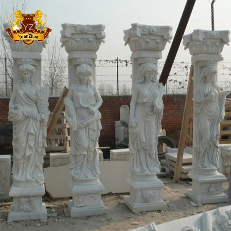 Building Material Exterior Natural Stone Columns Prices Natural Beige Marble Lady Roman Flower Columns Pillar For Sale