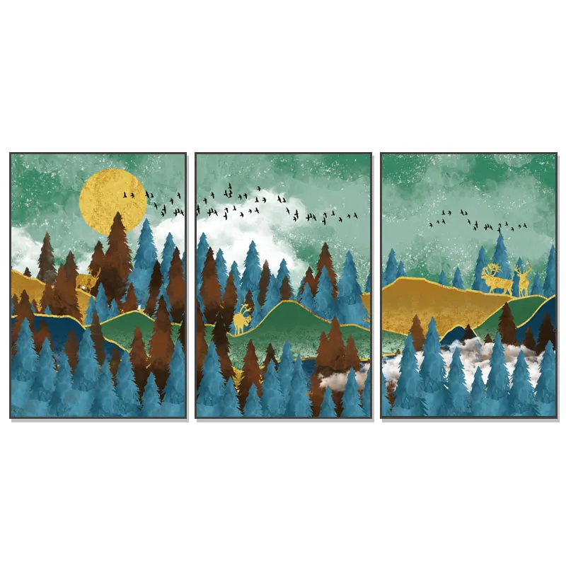 Framed Forest Night Sky Decorative Landscape Picture High Quality Print 3 Panel Art Canvas Painting