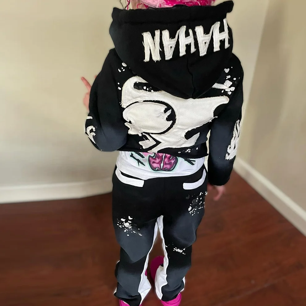 Wholesale Latest Baby Stacked Flare Sweatsuit Clothes Distressed Embroidery 100% Cotton Fleece Boys And Girls Kids Tracksuits