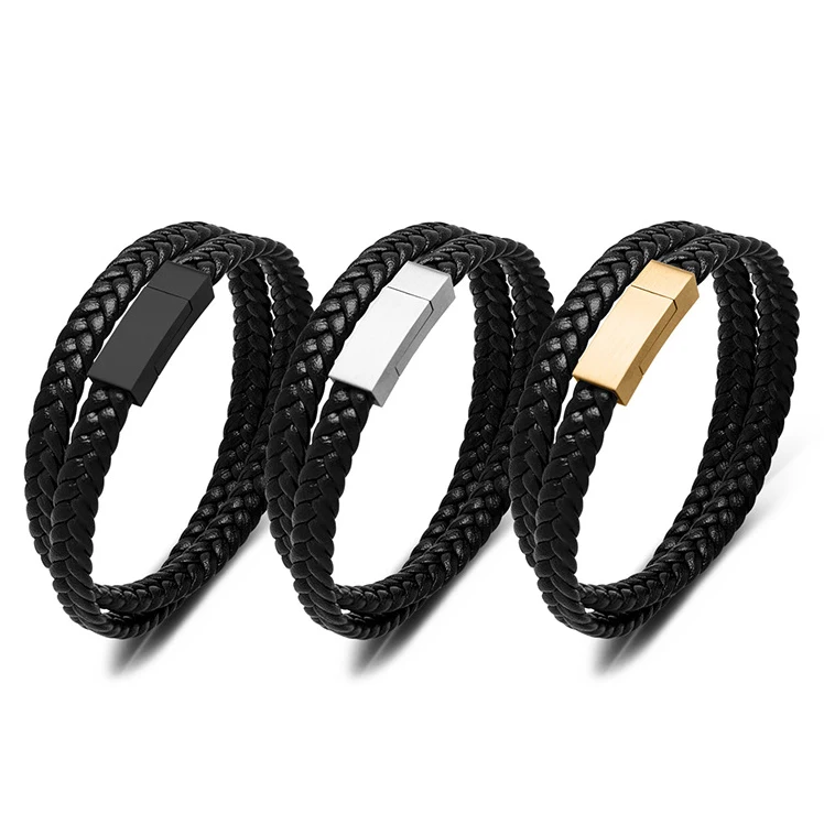 korean vintage double layer synthetic woven black leather magnetic wrap bangle bracelet for men