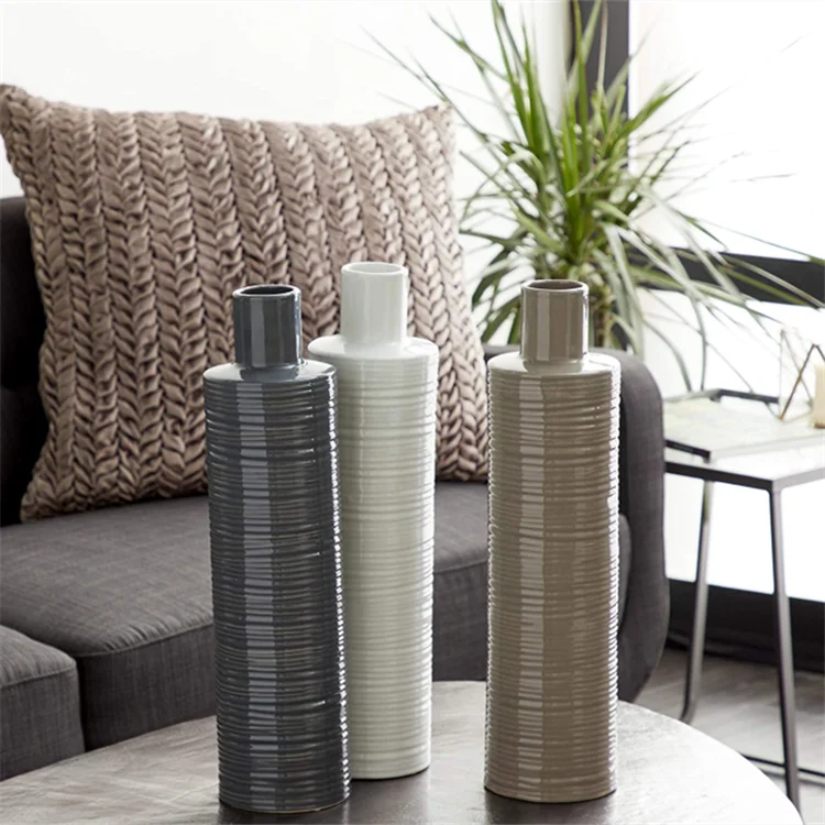 Antique cylinder shape glossy glazed fluted design home desktop decoration flower ceramic vases