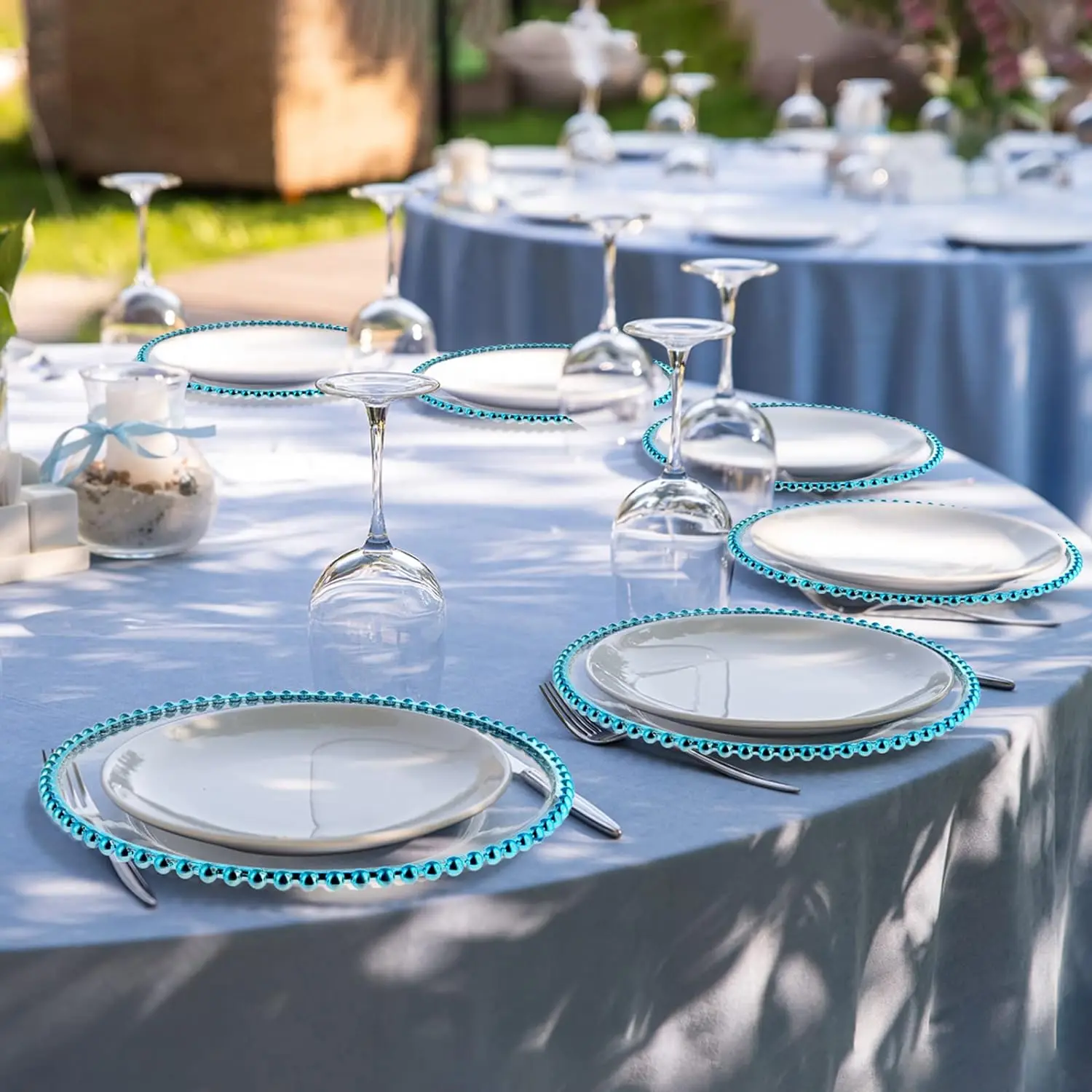 Home Kitchen Party Wedding Tabletop Decor 13 Inch Plastic Acrylic Round Bright Blue Clear Charger Plates with Beaded Rim