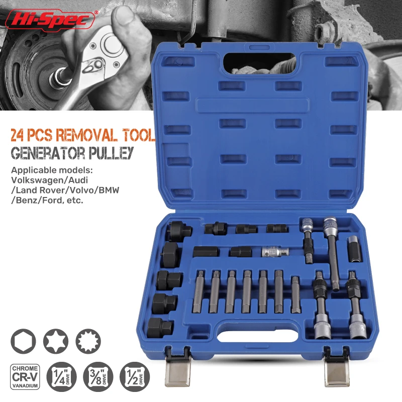 24pc Alternator Generator Pulley Removal Tool Kit Set. Long Hex, Torx, XZN Spline Driver Bits, Adaptors & Nut Sockets. OEM Ready