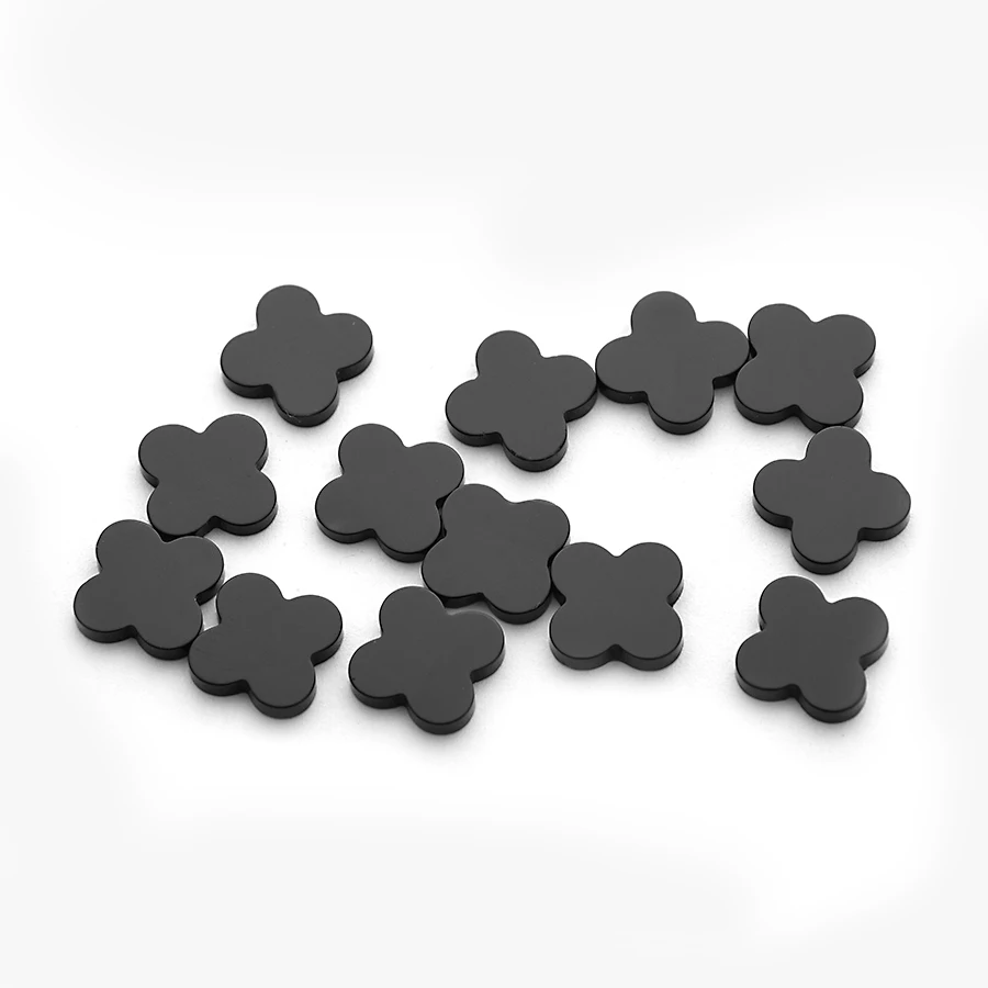 Natural Black Agate Cut Size Shape Wholesale High Quality Four Leaf Clover Double Sided Flat Loose Gemstones Black Agate
