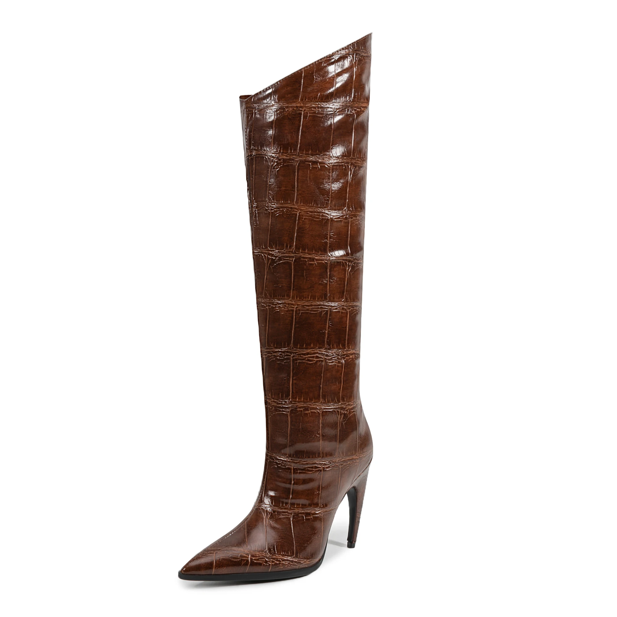 Модные одноколенные высокие сексуальные каблуки Croc PU широконогие женские зимние сапоги