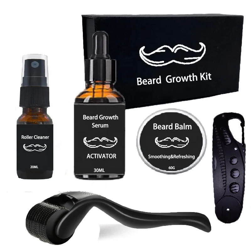 Deluxe Beard Oil Growth Serum Set Box Wash Roller Wax Balm Cream Butter Men Beard Grooming Kit