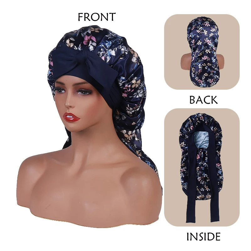 Floral Long Satin Bonnet for Sleeping - Double Layer Reversible Silk Bonnet for Long Hair Women Sleeping Cap With Tie Band