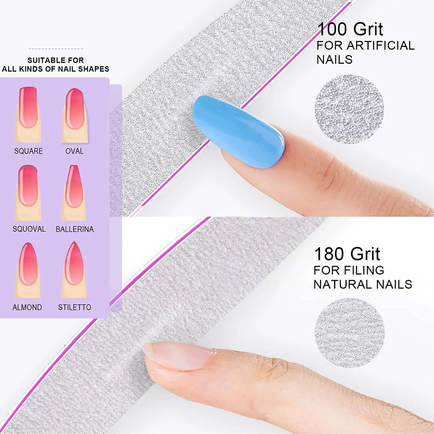 Nail File Professional Nail Files Reusable Double Sided Emery Board(100/180 Grit) Nail Styling Tools for Home and Salon
