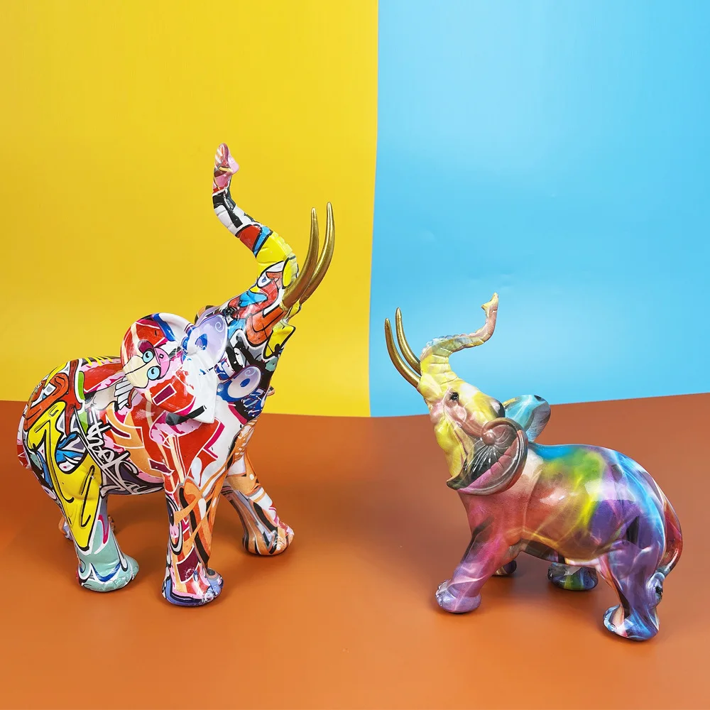 Whosale High Quality Transfer Printing Animal Figurines Statue Home Decoration Resin Colorful Elephant Figurines