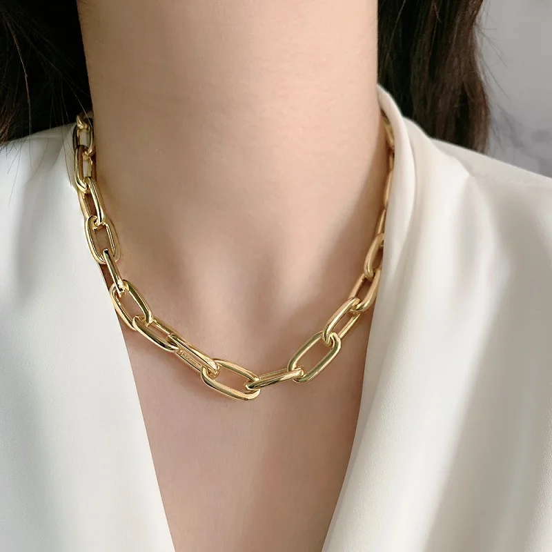 INS Hot Trendy Punk 14K Gold Plated Thick Chain Collar Necklace Geometric Chunky Link Chain Choker Necklace