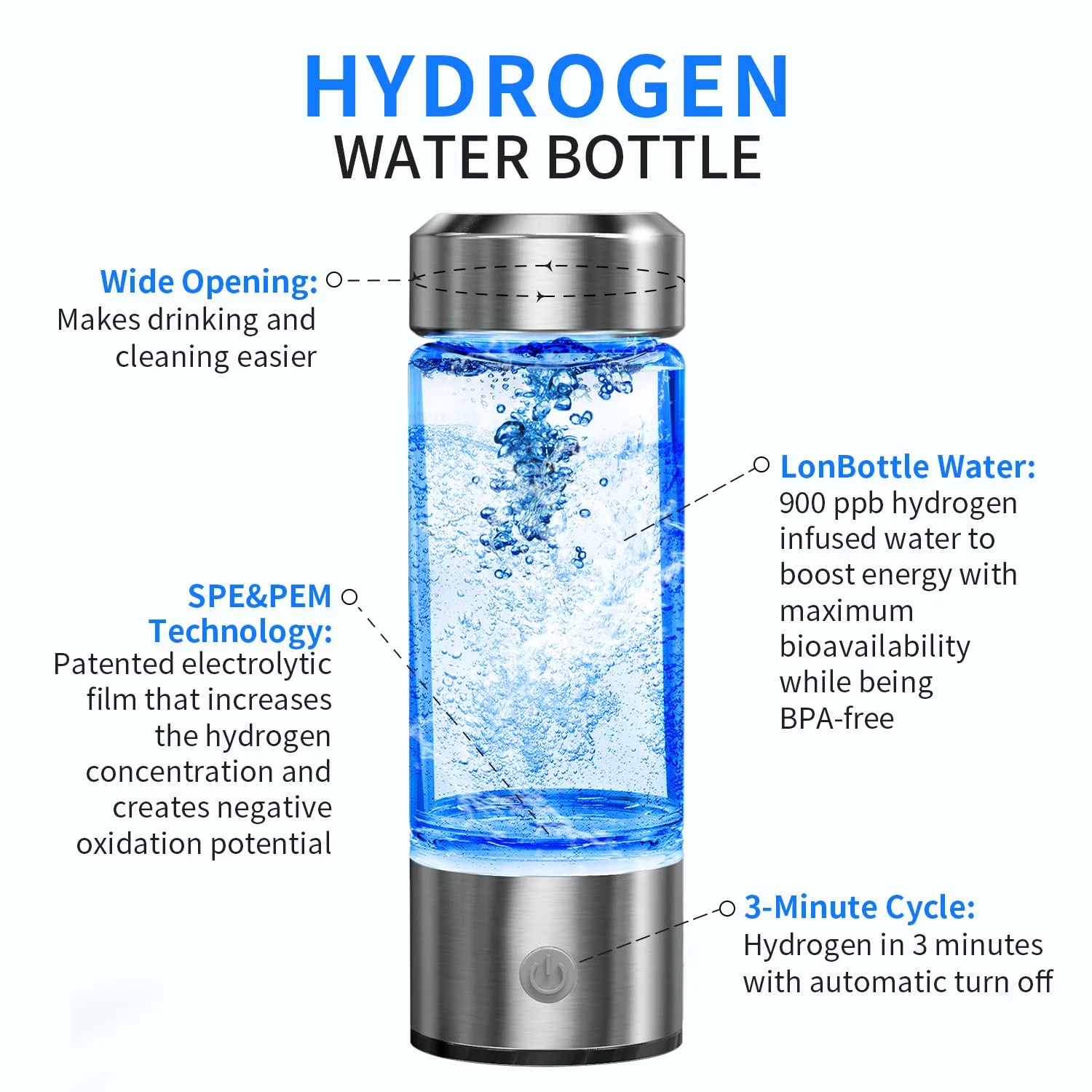 Hydrogen Water Bottle,  Hydrogen Water Generator, Rechargeable HydrogenRich Water Glass Health Cup for Home Travel (Silvery)