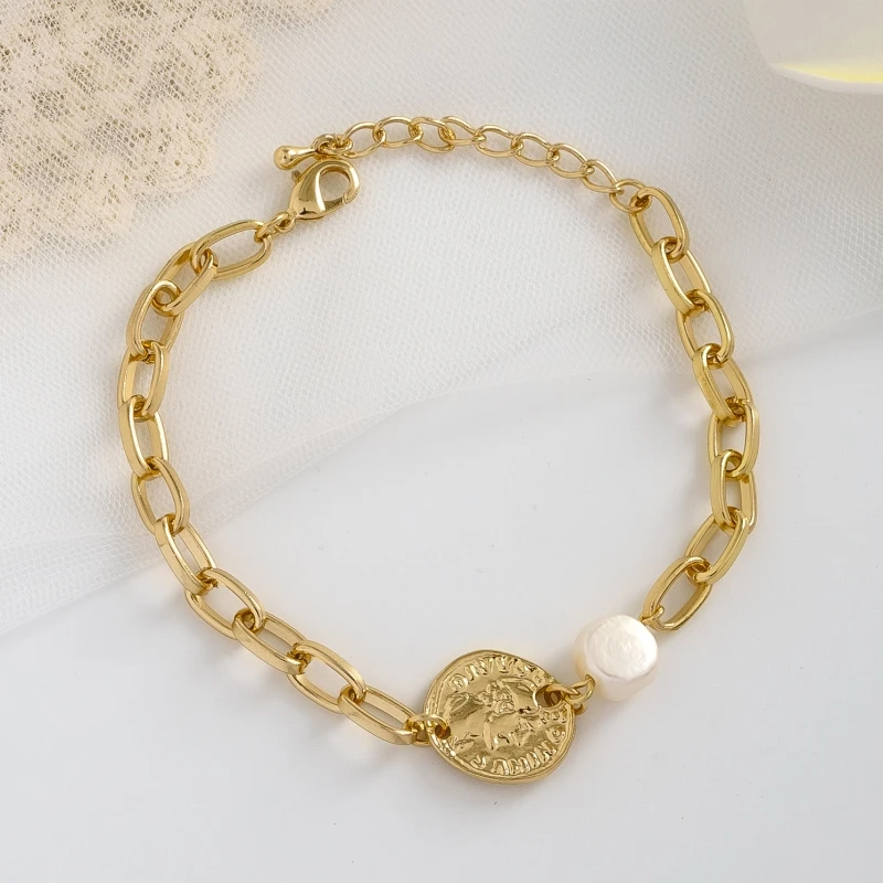 18k Gold Plated Chain Charm Natural Fresh Water Pearl Engraved Coin Pendant Portrait Coin Chain Bracelet for women jewelry