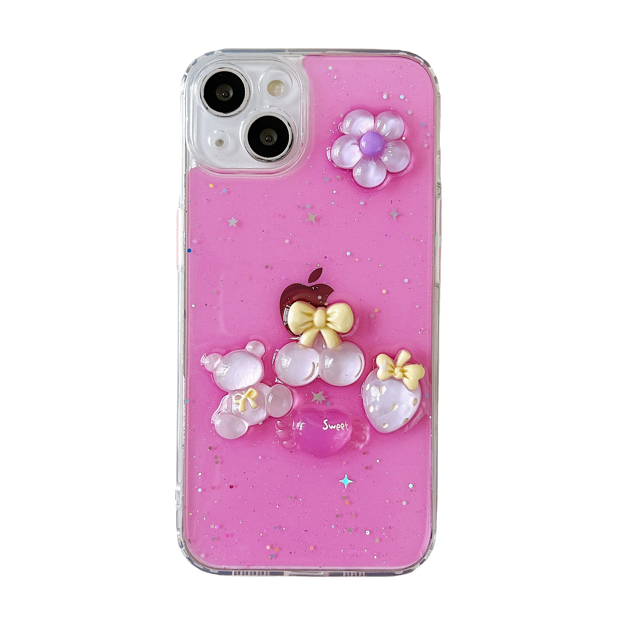 Epoxy New Design Clear Cherry Bow Bear Flower Patterns Anti-drop Shockproof Soft Clear Cute Phone Case  for iphone 14/13 Promax