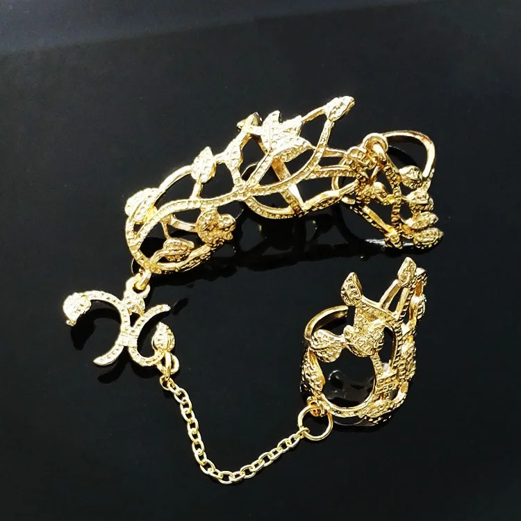 Fashion Punk Rock Gothic Gold Silver Hollow Carved Flowers Crystal Double Full Finger Knuckle Armor Ring