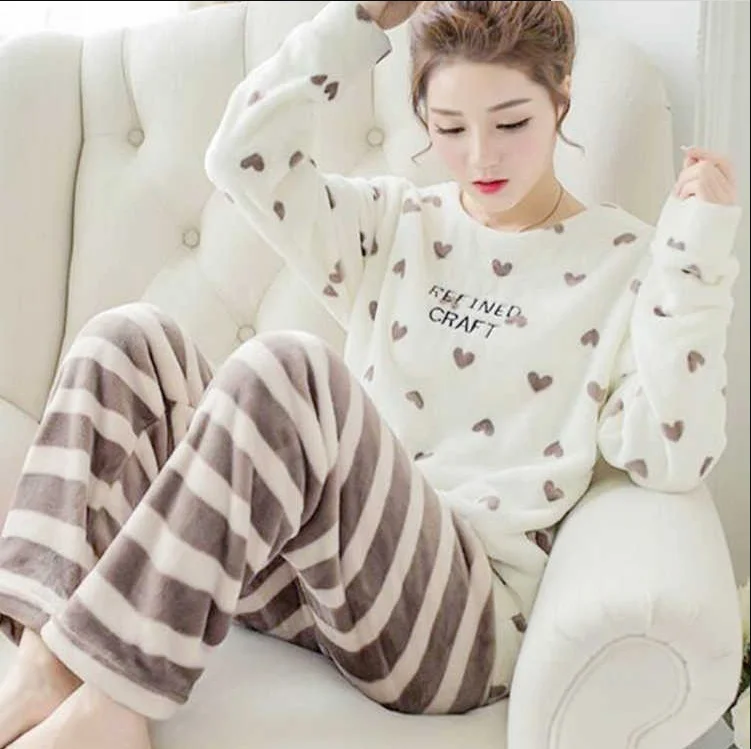 T01  Flannel good quality winter warm thick pajamas set long sleeve night clothes 2pcs cartoon print sleepwear set