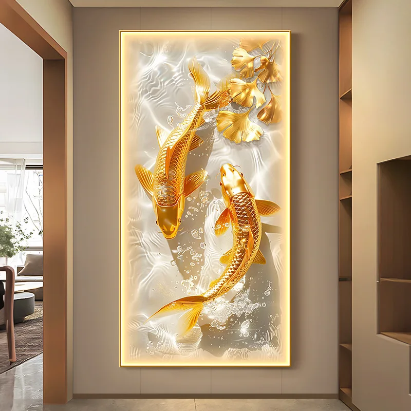 Custom Modern Luxury LED Koi Fish Animal Wall Art Abstract Still Life Crystal Porcelain Painting For Living Room Home Decor