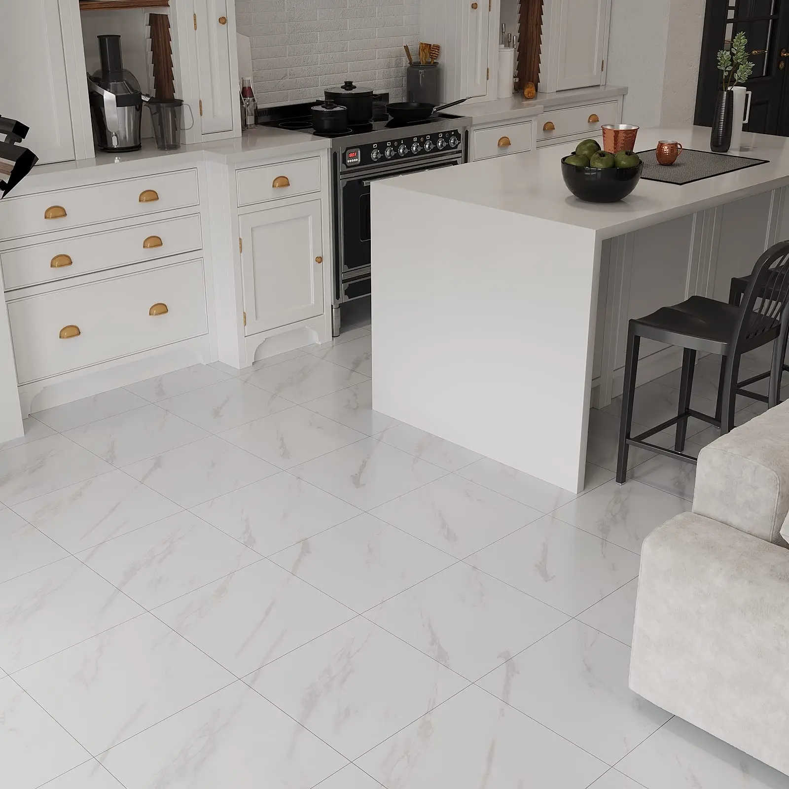 White Marble Peel and Stick Floor Tile Bathroom  Waterproof Vinyl Tiles Floor Removable Laminate Floors Sheets for Kitchen