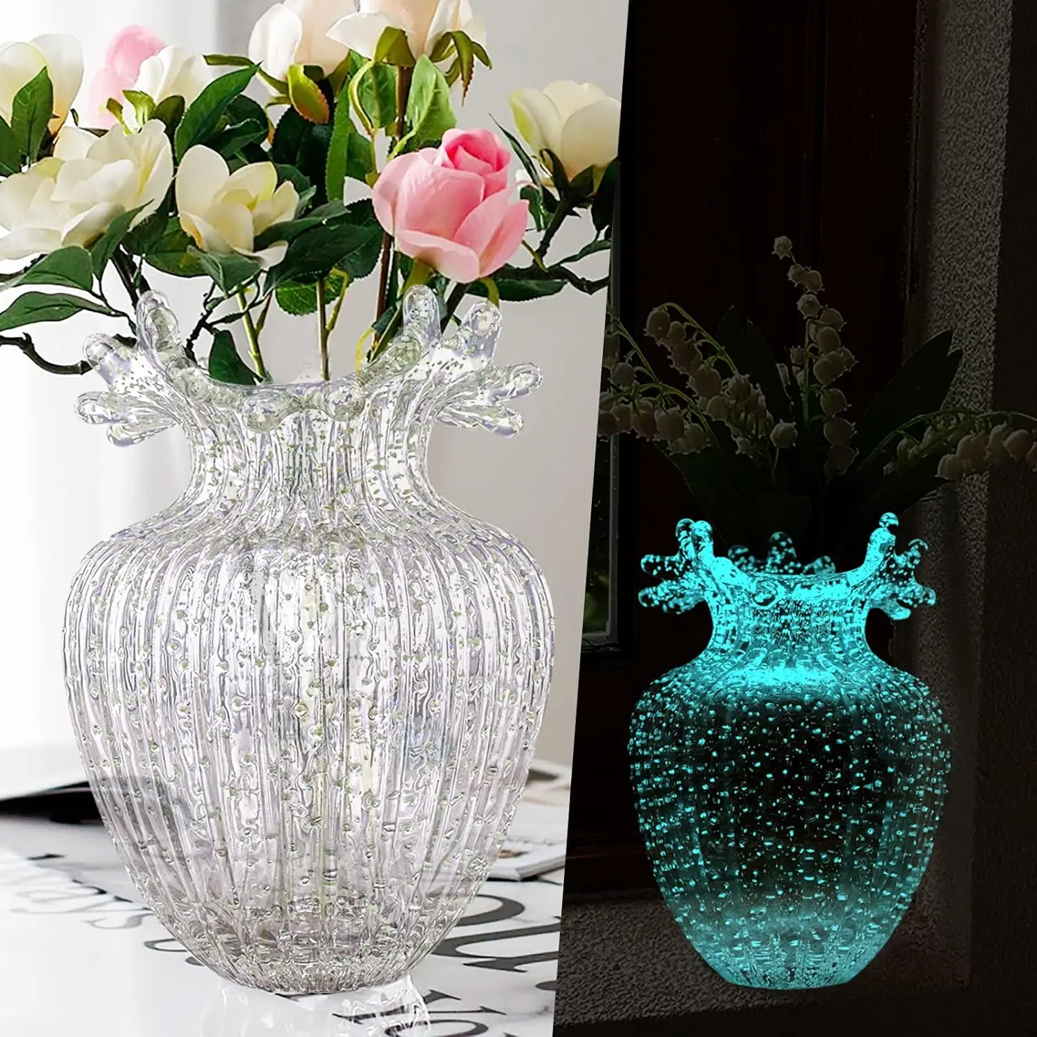 Handmade Modern Rustic Glass Flower Vase  Vintage Home Decor Luminous Waves Mouth Decorative Glass Flower Vase