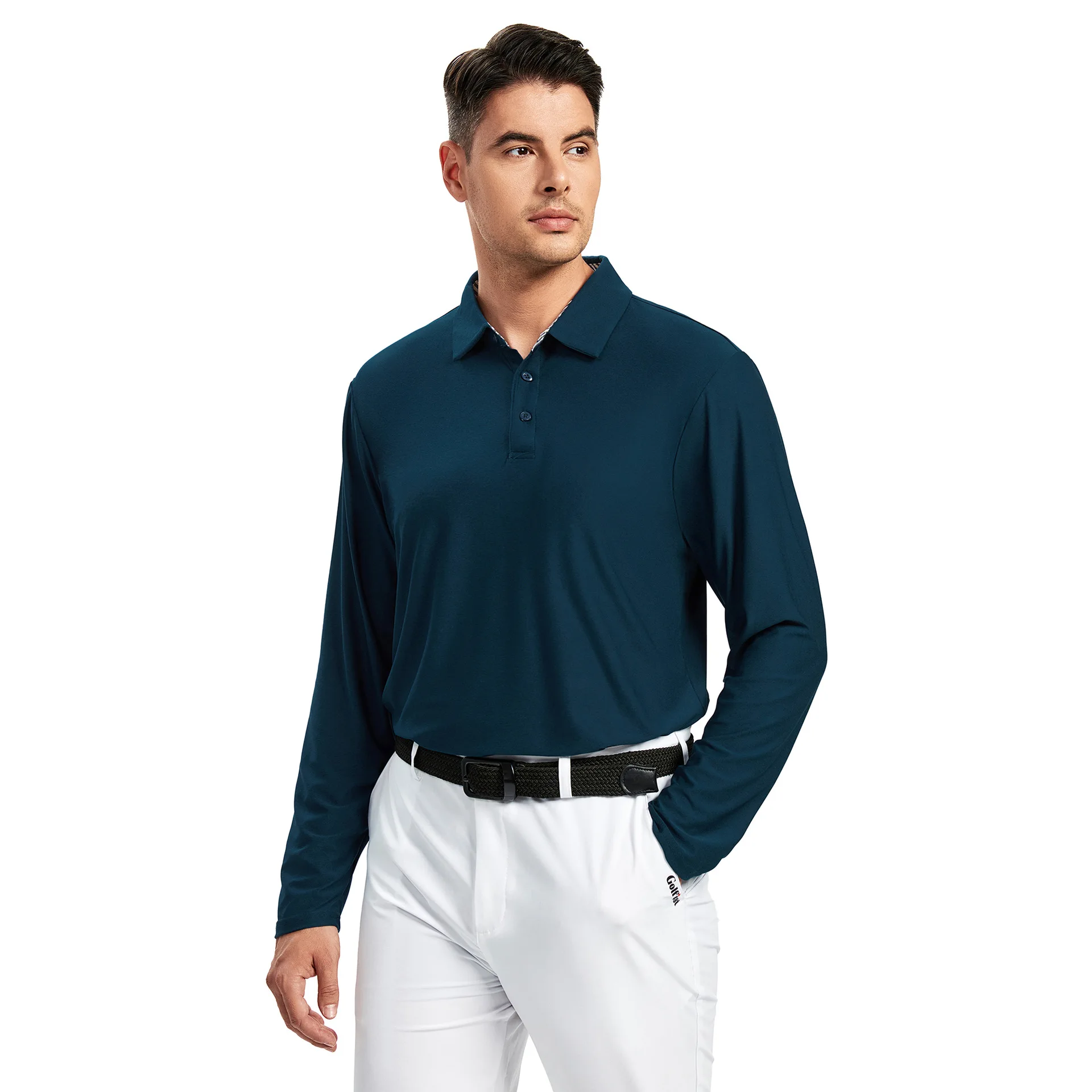 Wholesale Casual Men Polyester Spandex Moisture Wicking Sport Long Sleeve Soft Polo Shirt Blank Solid Color Golf Polo