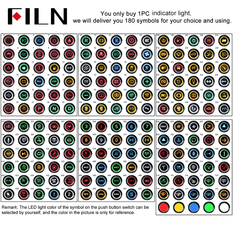 FILN New products 8mm led 12v car logo indicator light with 180 different symbols, motorcycle signal lamp