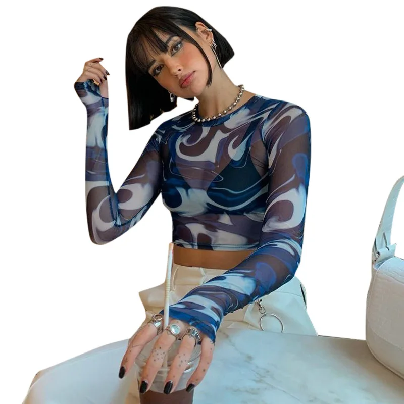 New Fashion Wholesale Sexy  Print Mesh Long Sleeve Top Slim Top O Neck See-through Backless Crop Top Women