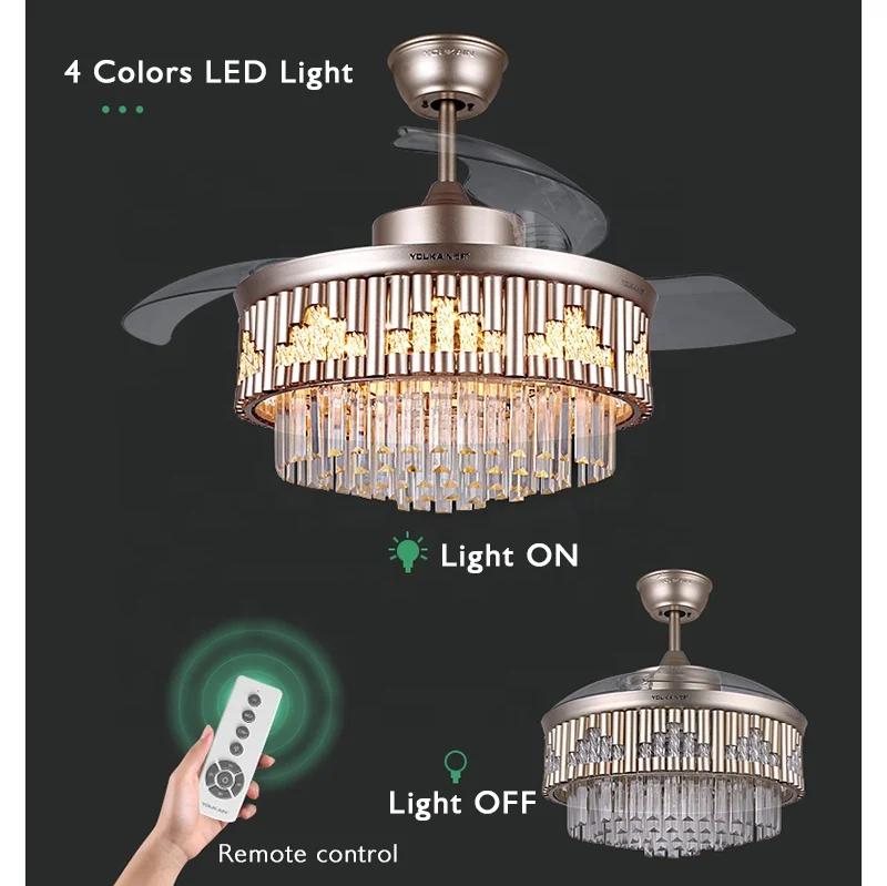 Luxury European Fancy crystal Folding Transparent Hidden Blade Led Invisible Ceiling Fan Lamp With Light