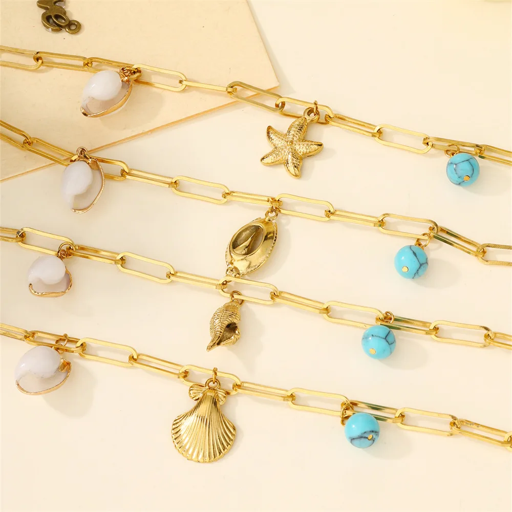 18k gold-plated starfish shell conch pendant anklet bracelet Stainless steel anklet Dull waterproof gold anklet