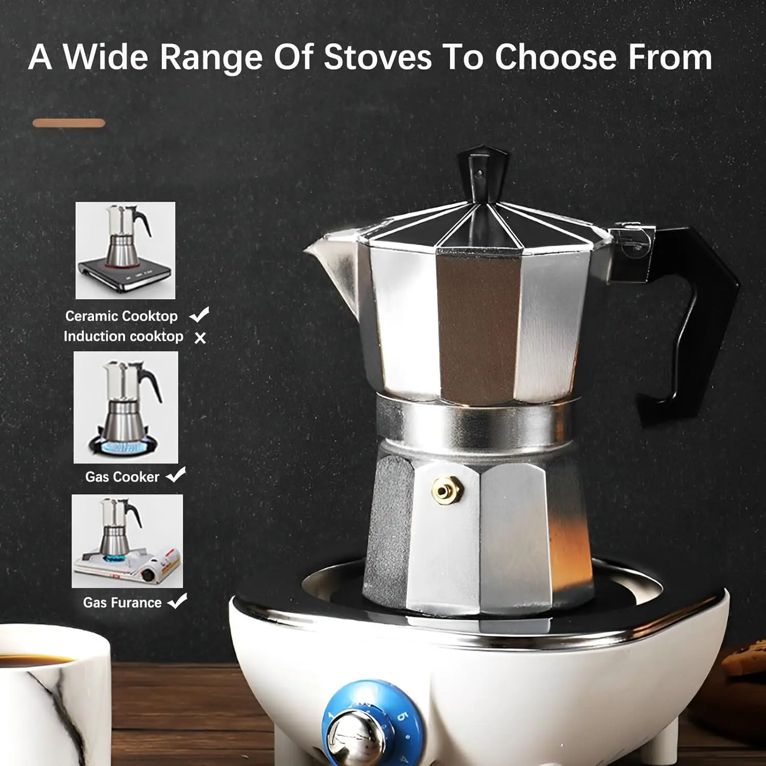 Custom Personalized Logo Camping 6 Cups Italian Aluminum Coffee Maker Double Valve Espresso Coffee Moka Pot
