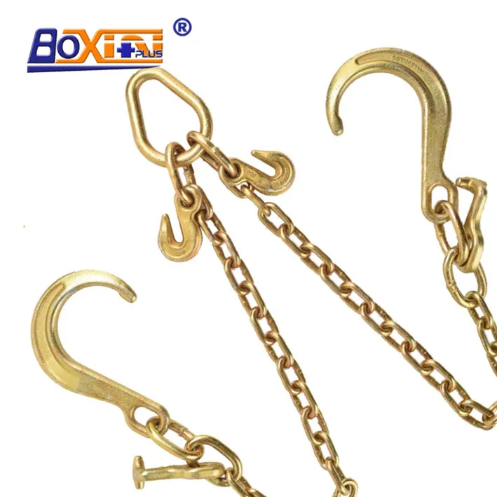 G70 Forged Steel Towing Chain V Bridle with 8 inch and 4 Inch J Hooks and Alloy T Hooks
