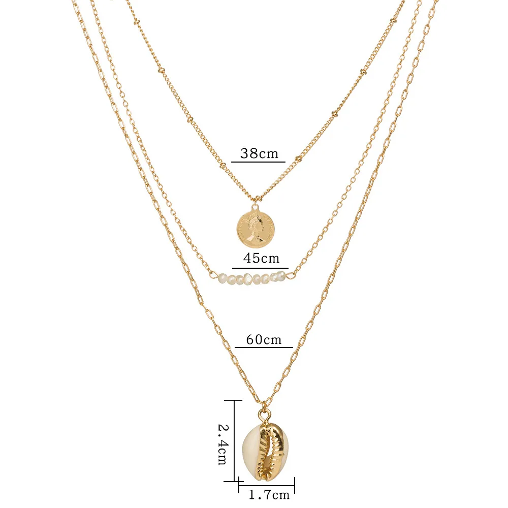 Retro Middle Ages Queen Elizabeth Portrait Coin Necklace Natural Shell Pearl Gold Plated Layered